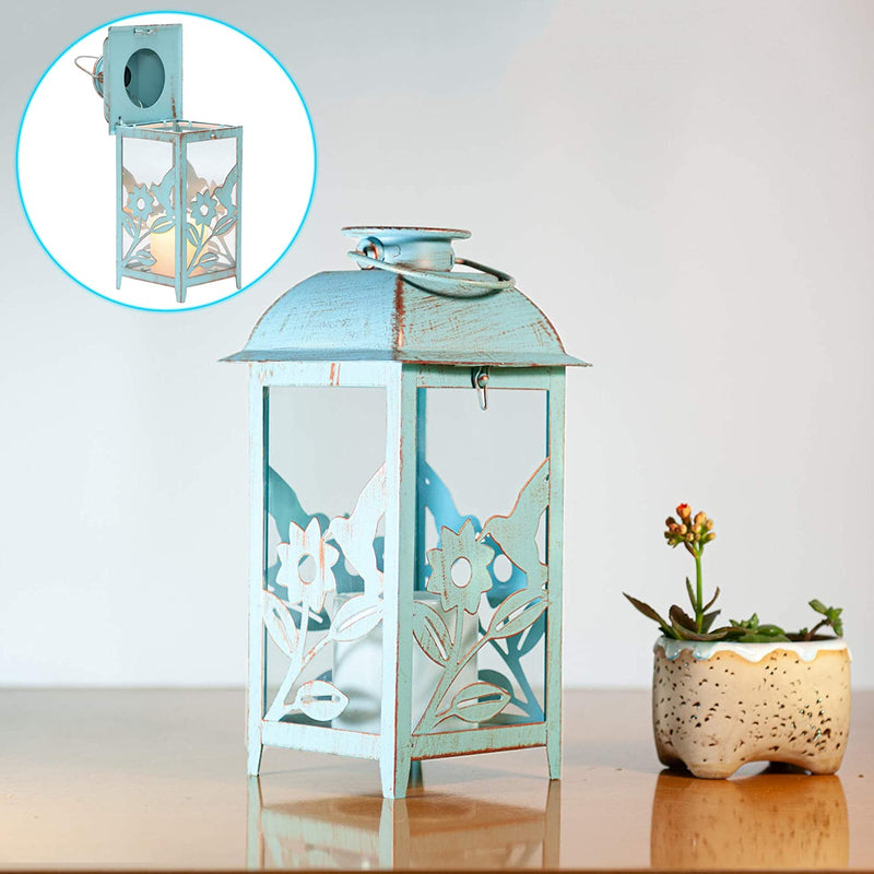 STEADYDOGGIE SOLAR LANTERN FOR OUTDOOR - BRIGHT FLICKERING LED CANDLE - TABLE AND HANGING LAMP - INDOOR AND OUTDOOR - EXTRA METAL LANTERN IN ANTIQUE STYLE - LIGHT BLUE