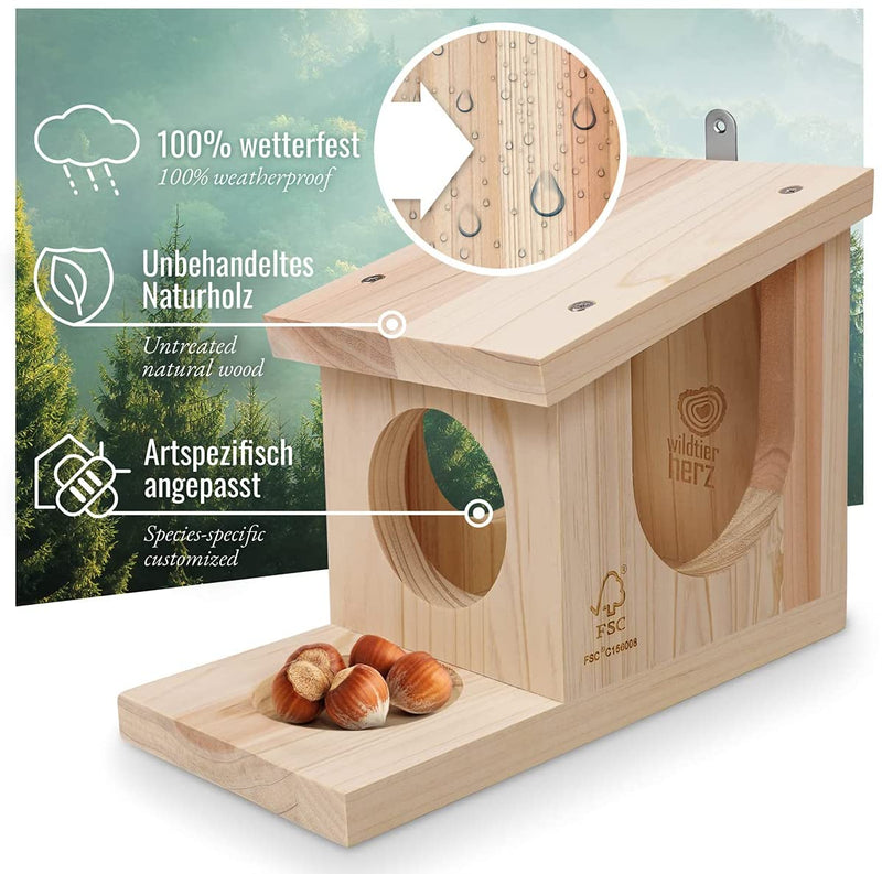 WILD ANIMAL HEART I SQUIRREL FEEDING HOUSE PLAYHOUSE WEATHERPROOF I MADE OF SCREWED SOLID WOOD FEEDING STATION I 100% WEATHERPROOF I FEEDING STATION FOR FEEDING SQUIRRELS