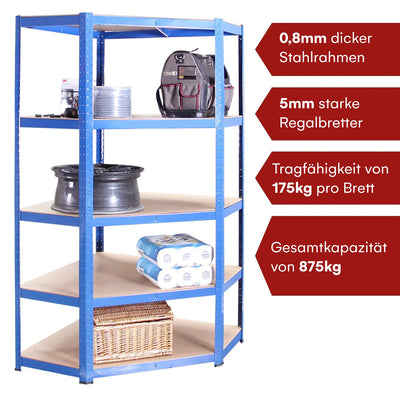 Grack Garage Corner Shelving Unit 180 x 90 x 90 x 30 x 84 cm Single Shelf Blue Pack of 5