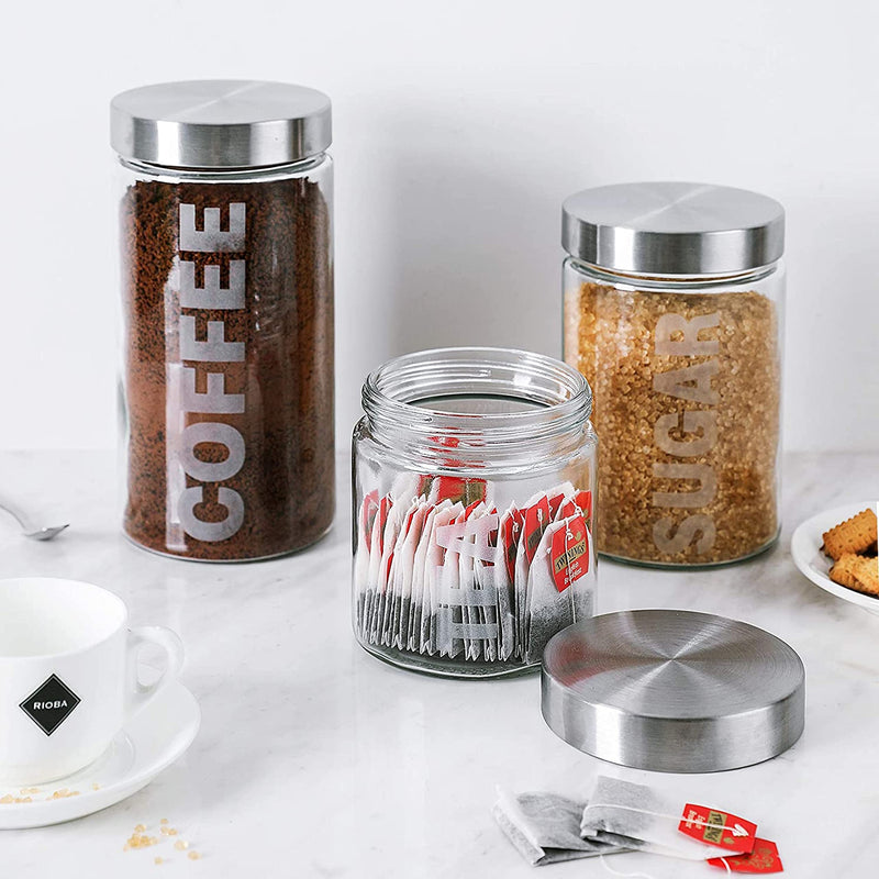 WHOLE HOUSEWARES | AIRTIGHT GLASS CONTAINER WITH LID | STORAGE CONTAINERS WITH STAINLESS STEEL LID | 3 PIECE SET FOR COFFEE