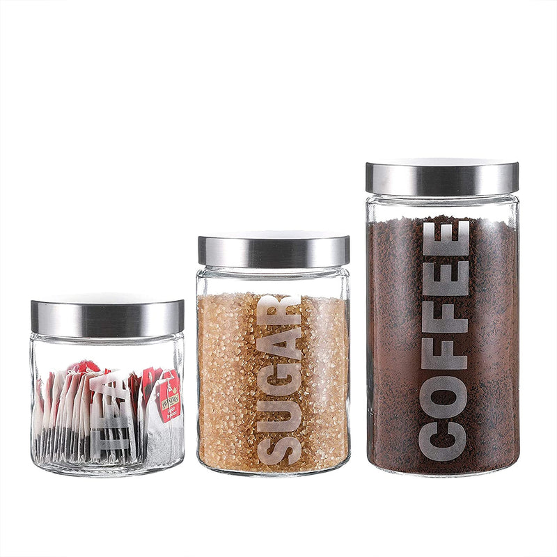 WHOLE HOUSEWARES | AIRTIGHT GLASS CONTAINER WITH LID | STORAGE CONTAINERS WITH STAINLESS STEEL LID | 3 PIECE SET FOR COFFEE