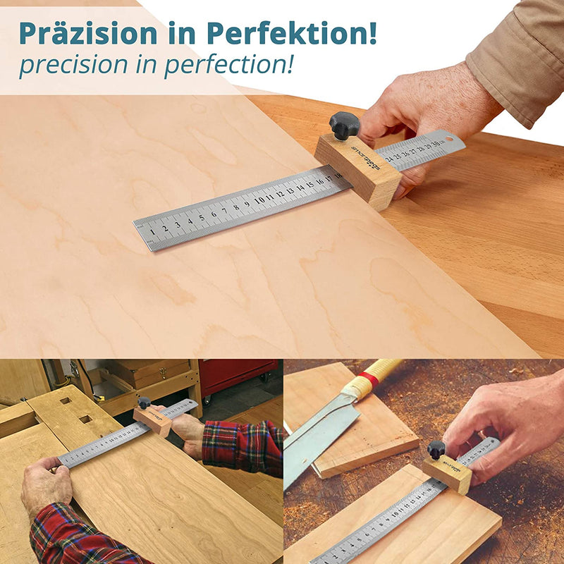 SMARTPEAS PREMIUM SCREENING RULE MADE OF METAL &amp; WITH WOODEN STOP / 300MM RULER MADE OF STAINLESS STEEL / UNIVERSAL WOODWORKING SCREENING RULE MADE IN GERMANY