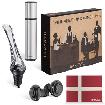 BARVIVO WINE AERATOR AND WINE PUMP INCLUDING TWO VACUUM WINE STOPPERS. STAINLESS STEEL VACUUM PUMP / WINE BOTTLE CLOSURE. AERATE WINE