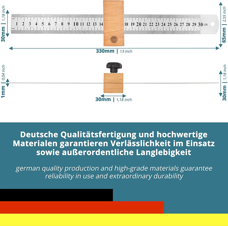 SMARTPEAS PREMIUM SCREENING RULE MADE OF METAL &amp; WITH WOODEN STOP / 300MM RULER MADE OF STAINLESS STEEL / UNIVERSAL WOODWORKING SCREENING RULE MADE IN GERMANY