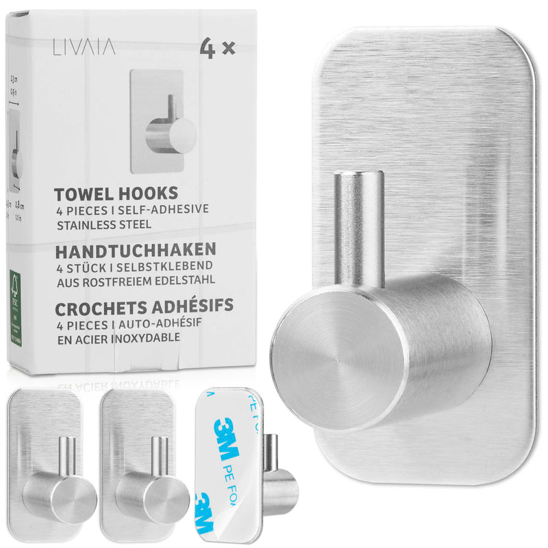 LIVAIA TOWEL HOOKS SELF-ADHESIVE: 4 TOWEL HOOKS STAINLESS STEEL - HOOKS SELF-ADHESIVE - WALL HOOKS SELF-ADHESIVE