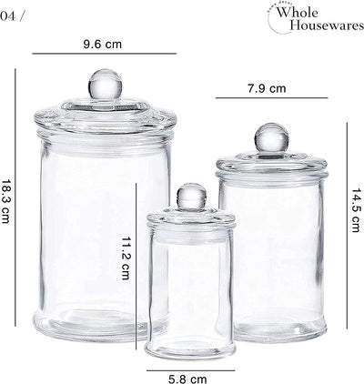 WHOLE HOUSEWARES GLASS PHARMACY JARS WITH LIDS - SET OF 3 - SMALL GLASS JARS FOR BATHROOM STORAGE / COTTON SWAB HOLDER