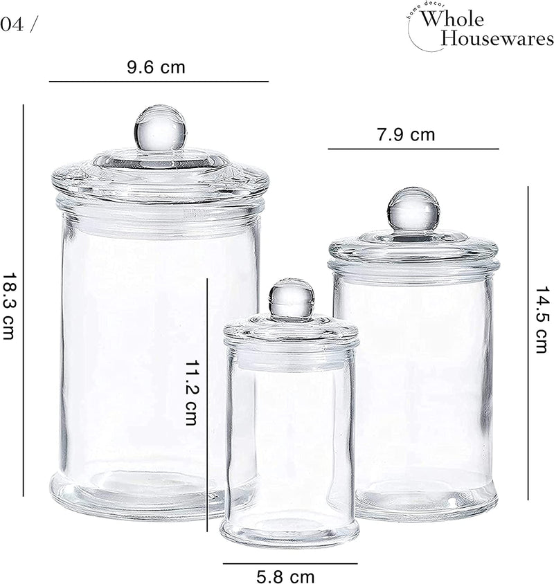 WHOLE HOUSEWARES GLASS PHARMACY JARS WITH LIDS - SET OF 3 - SMALL GLASS JARS FOR BATHROOM STORAGE / COTTON SWAB HOLDER