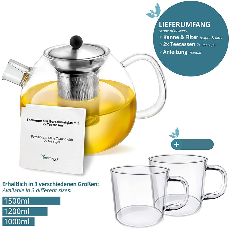 SMARTPEAS GLASS TEAPOT - 1500 ML CAPACITY - REMOVABLE STAINLESS STEEL FILTER & SPOUT