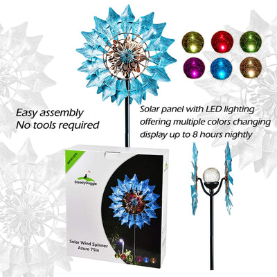 Solar Metal Pinwheel Azure Blue With LED Light Wind Chime For Outdoor Lighter