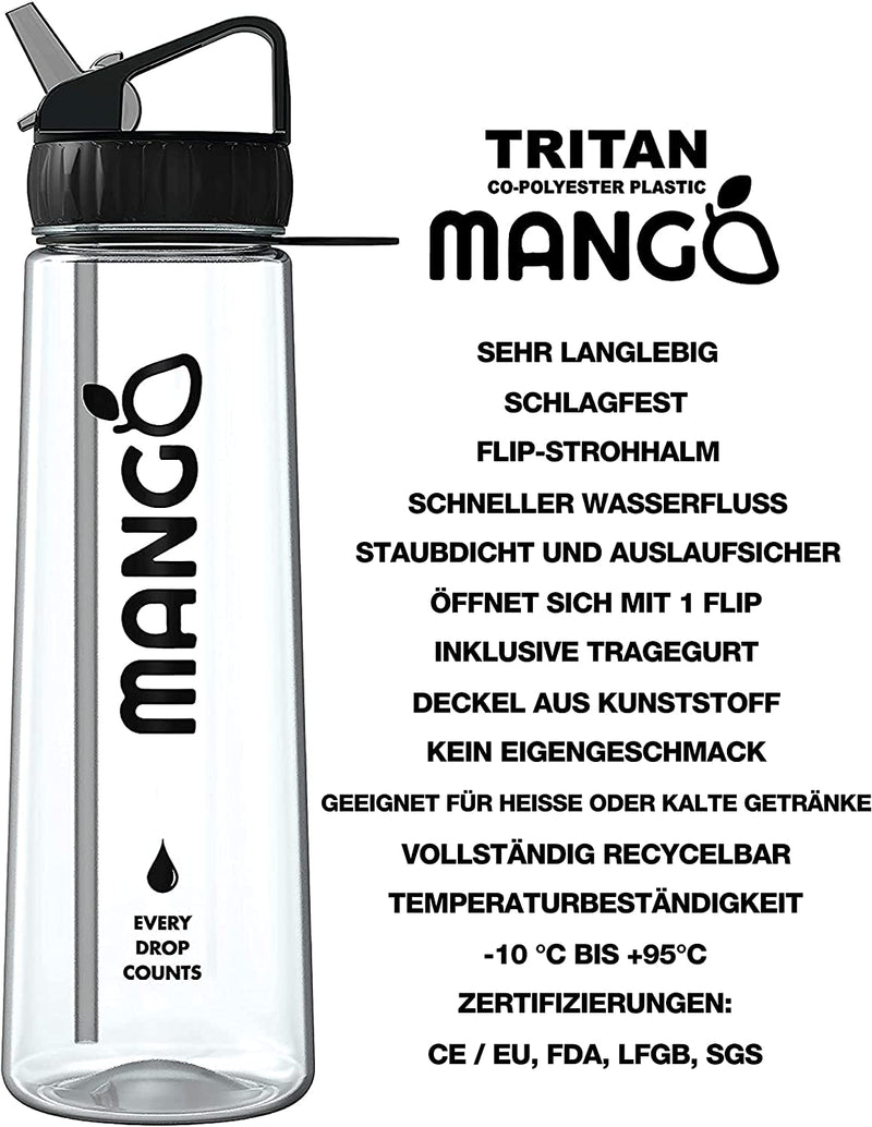 MANGO SPORTS WATER BOTTLE WITH MOTIVATING TIME MARKS - BPA FREE PLASTIC