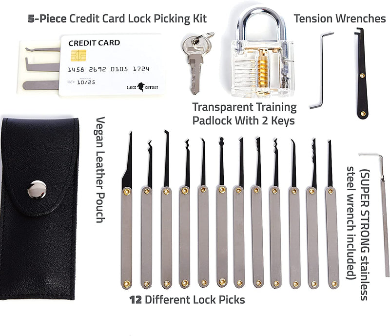 LOCK COWBOY 20-PIECE LOCKPICKING SET PROFESSIONAL WITH TRANSPARENT PADLOCK