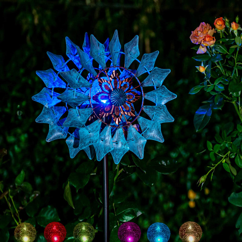 Solar Metal Pinwheel Azure Blue With LED Light Wind Chime For Outdoor Lighter