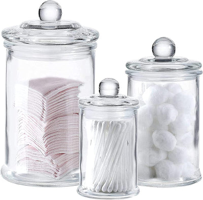 WHOLE HOUSEWARES GLASS PHARMACY JARS WITH LIDS - SET OF 3 - SMALL GLASS JARS FOR BATHROOM STORAGE / COTTON SWAB HOLDER