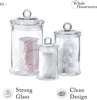 WHOLE HOUSEWARES GLASS PHARMACY JARS WITH LIDS - SET OF 3 - SMALL GLASS JARS FOR BATHROOM STORAGE / COTTON SWAB HOLDER