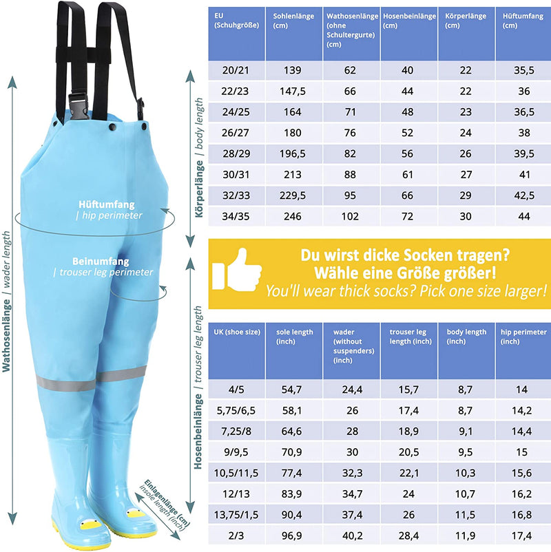 Waterproof waders for children with rubber boots blue size 22/23 ideal