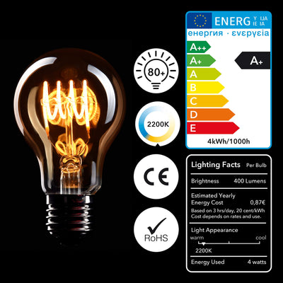 Edison light bulb E27 socket 4w warm white 230v El02 antique filament