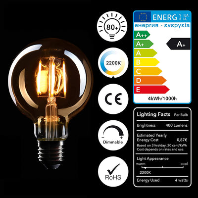 3 x Edison light bulbs E27 socket dimmable 4w warm white 230v Masterglobe Big