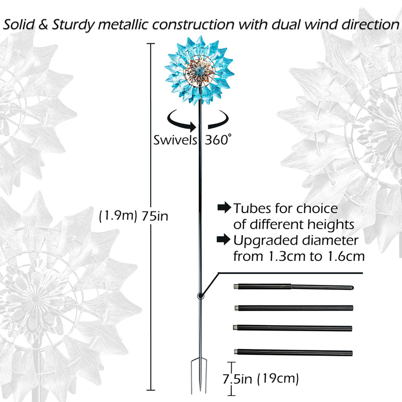 Solar Metal Pinwheel Azure Blue With LED Light Wind Chime For Outdoor Lighter