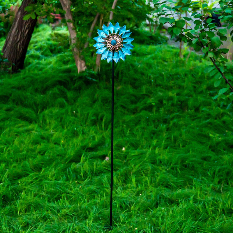 Solar Metal Pinwheel Azure Blue With LED Light Wind Chime For Outdoor Lighter