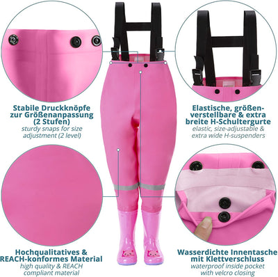 Waterproof waders for children with rubber boots pink size 34/35 ideal