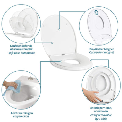 Toilet lid with child seat insert. Toilet seat with soft-close mechanism for children