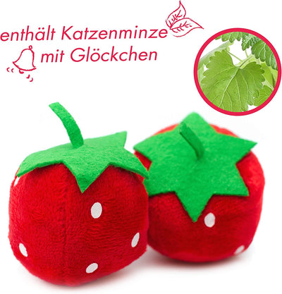 PRETTY KITTY CAT TOY SET: 2X XXL PLUSH STRAWBERRY WITH CATMINT AND BELLS AS TOYS FOR CATS -