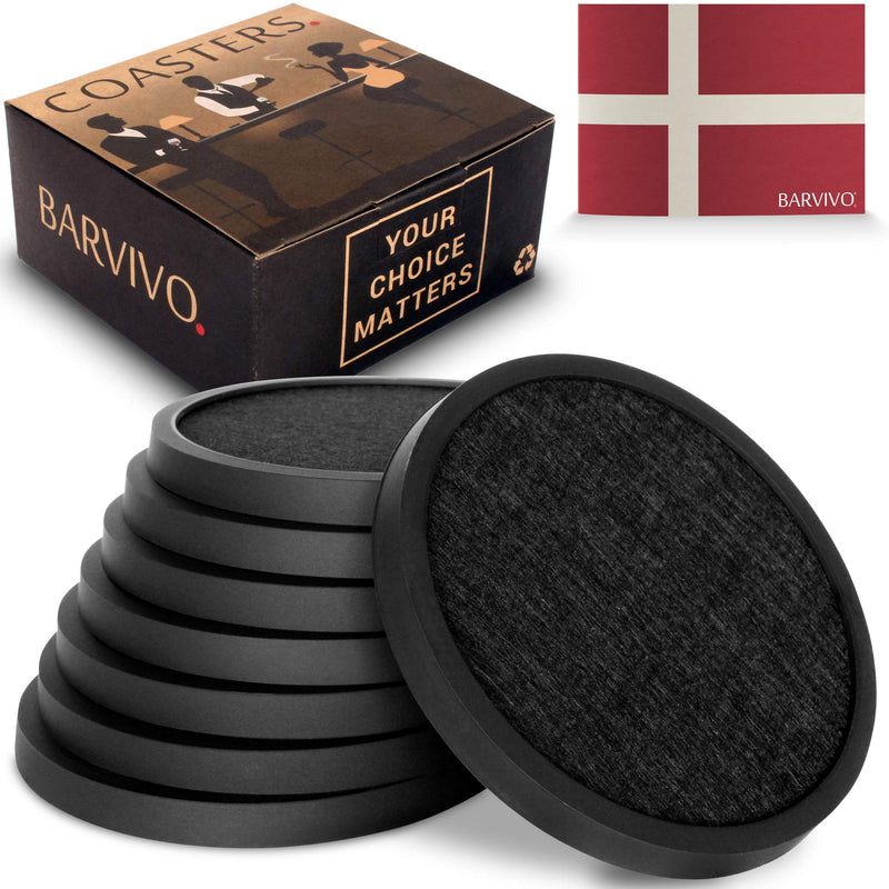 BARVIVO DRINK COASTER SET OF 8 - BLACK MODERN SILICONE DRINK COASTER WITH ABSORBENT REMOVABLE FELT PAD - TABLE PROTECTOR FOR ANY TABLE TYPE WOOD