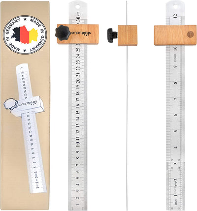 SMARTPEAS PREMIUM SCREENING RULE MADE OF METAL &amp; WITH WOODEN STOP / 300MM RULER MADE OF STAINLESS STEEL / UNIVERSAL WOODWORKING SCREENING RULE MADE IN GERMANY