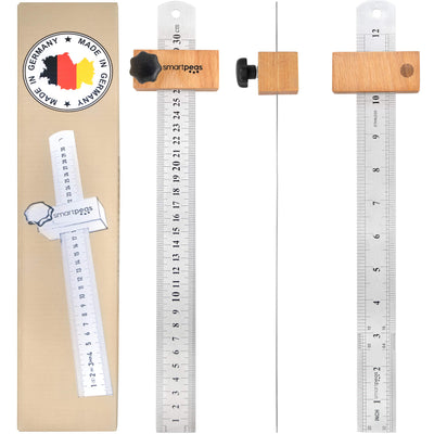 SMARTPEAS PREMIUM SCREENING RULE MADE OF METAL & WITH WOODEN STOP / 300MM RULER MADE OF STAINLESS STEEL / UNIVERSAL WOODWORKING SCREENING RULE MADE IN GERMANY