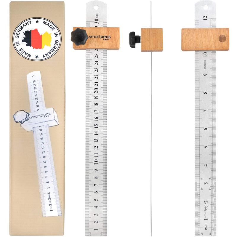 SMARTPEAS PREMIUM SCREENING RULE MADE OF METAL &amp; WITH WOODEN STOP / 300MM RULER MADE OF STAINLESS STEEL / UNIVERSAL WOODWORKING SCREENING RULE MADE IN GERMANY