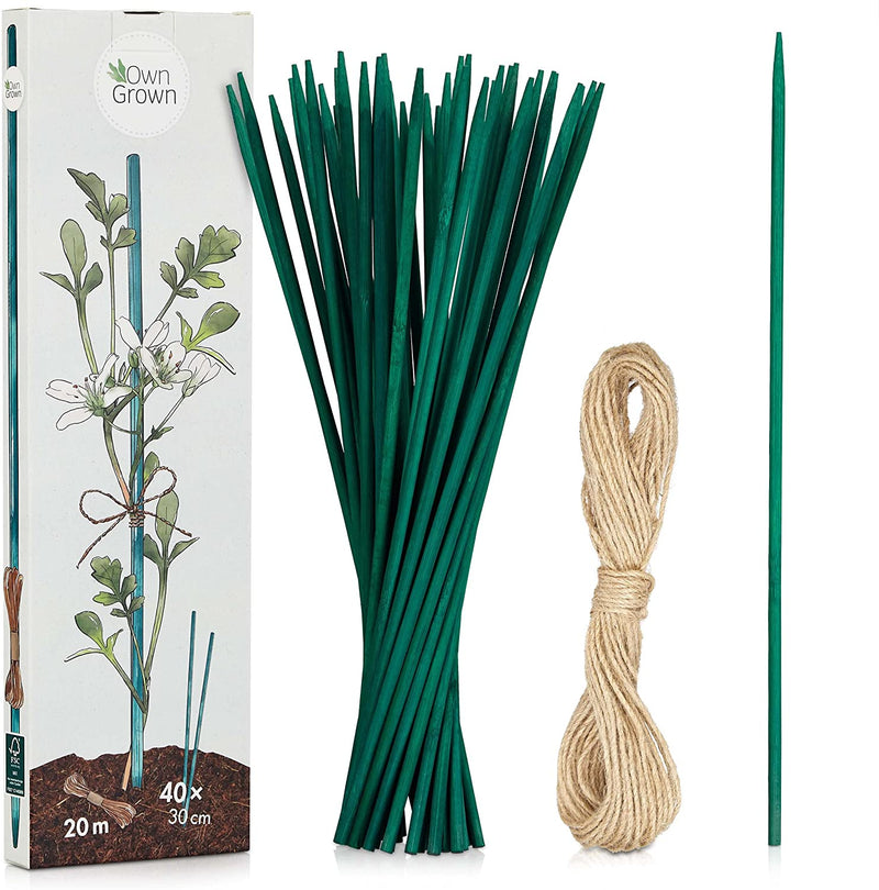 Plant tie green 20m jute cord and 40 bamboo sticks in a set as natural