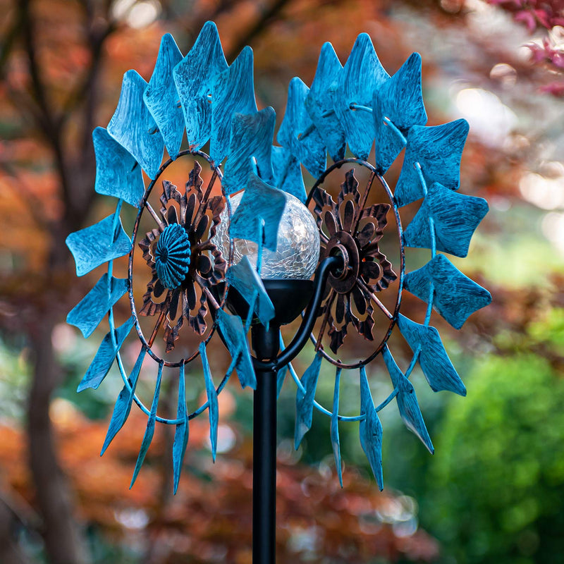 Solar Metal Pinwheel Azure Blue With LED Light Wind Chime For Outdoor Lighter