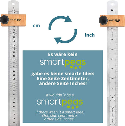 SMARTPEAS PREMIUM SCREENING RULE MADE OF METAL &amp; WITH WOODEN STOP / 300MM RULER MADE OF STAINLESS STEEL / UNIVERSAL WOODWORKING SCREENING RULE MADE IN GERMANY