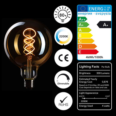 6 x Edison light bulb E27 socket dimmable 4w 2200k warm white 230v El20