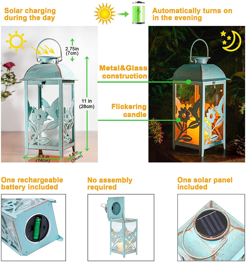 STEADYDOGGIE SOLAR LANTERN FOR OUTDOOR - BRIGHT FLICKERING LED CANDLE - TABLE AND HANGING LAMP - INDOOR AND OUTDOOR - EXTRA METAL LANTERN IN ANTIQUE STYLE - LIGHT BLUE