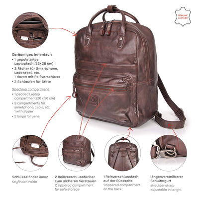 DONBOLSO BACKPACK MONACO I PREMIUM DAYPACK MADE OF NAPPA LEATHER FOR WOMEN WITH LAPTOP COMPARTMENT I VINTAGE LEATHER BACKPACK FOR TRAVEL