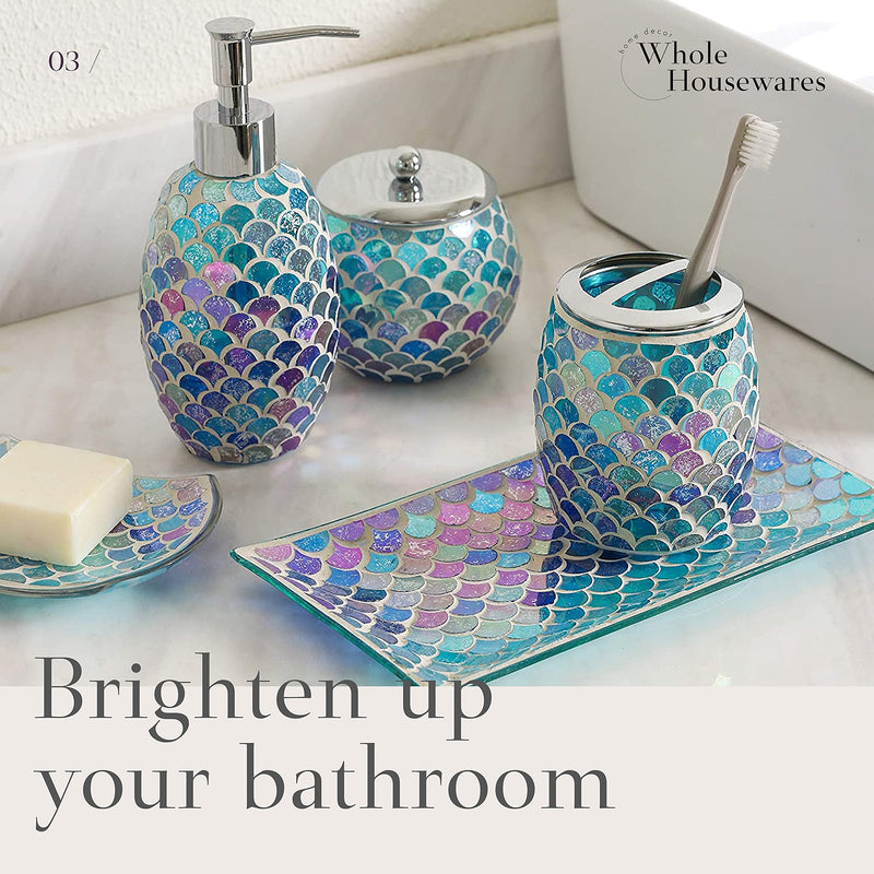 WHOLE HOUSEWARES 5 PCS. MOSAIC GLASS BATHROOM ACCESSORIES SET