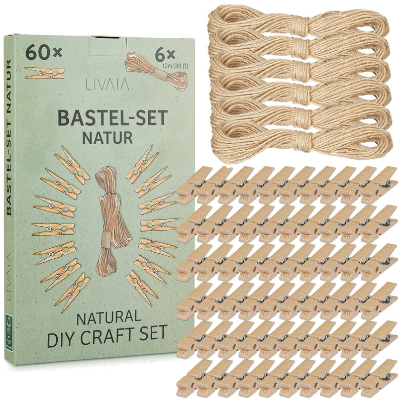 LIVAIA CRAFT SET: NATURAL CRAFT SET OF 6X10M JUTE CORD AND 60 WOODEN CLIPS –