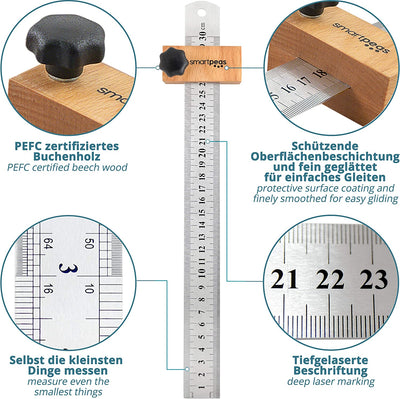 SMARTPEAS PREMIUM SCREENING RULE MADE OF METAL &amp; WITH WOODEN STOP / 300MM RULER MADE OF STAINLESS STEEL / UNIVERSAL WOODWORKING SCREENING RULE MADE IN GERMANY