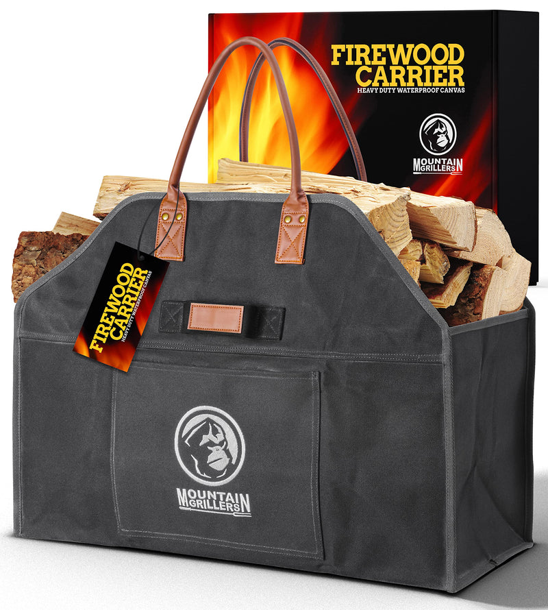 MOUNTAIN GRILLERS WAXED CANVAS FIREWOOD BAG FOR FIREWOOD - REINFORCED HANDLES FOR CARRYING WOOD & LOGS - STURDY FIREWOOD BAG FOR FIREWOOD