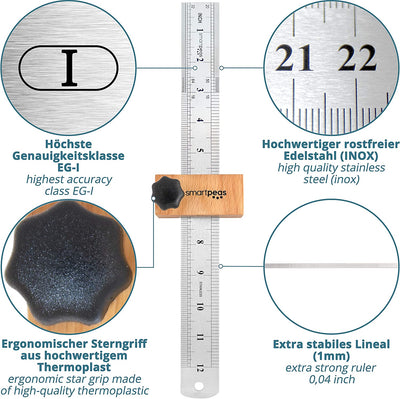 SMARTPEAS PREMIUM SCREENING RULE MADE OF METAL &amp; WITH WOODEN STOP / 300MM RULER MADE OF STAINLESS STEEL / UNIVERSAL WOODWORKING SCREENING RULE MADE IN GERMANY