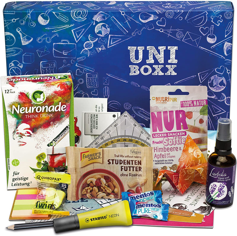 BOXX UNI (13 PARTS) GIFT FOR STUDENTS FOR LEARNING MOTIVATION DURING STUDY & EXAMINATION PERIOD - GIFT BOX WITH NEURONADE