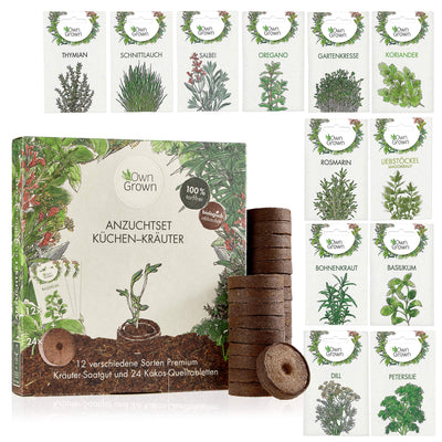 OWNGROWN HERB GROWING SET WITH 12 VARIETIES AND 24 COCONUT SOURCE TABLETS FOR KITCHEN AND BALCONY: HERB SEED SET WITH PEAT-FREE GROWING SOIL -